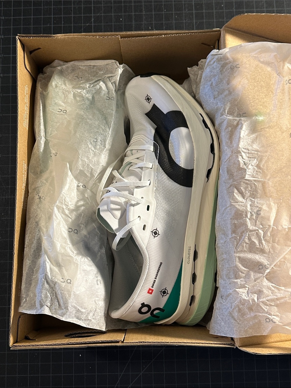 On Running Cloudboom Echo 3 Box — White + Green with Teal Accents